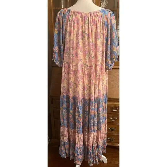 Free People Spell Rae Juniper Gown Puff Sleeve Printed Tiered Maxi Dress - Picture 4 of 9